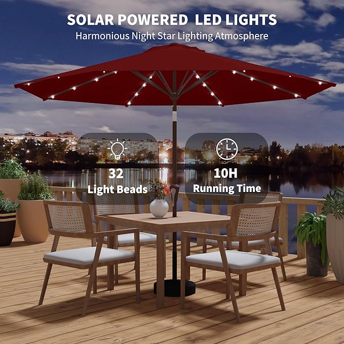Kingdura 9FT Outdoor Patio Umbrella with Solar Lights, Market Table Umbrella with Push Button Tilt & Crank, 8 Sturdy Ribs, 32 LED Lights, UV Protection for Garden Lawn Deck Backyard Pool (Dark red)