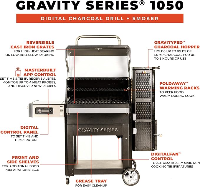 Masterbuilt® Gravity Series® 1050 Smoker Grill - Digital Charcoal Combo Grill with Free App, 1,050 Cooking Square Inches in Black, Model MB20041220
