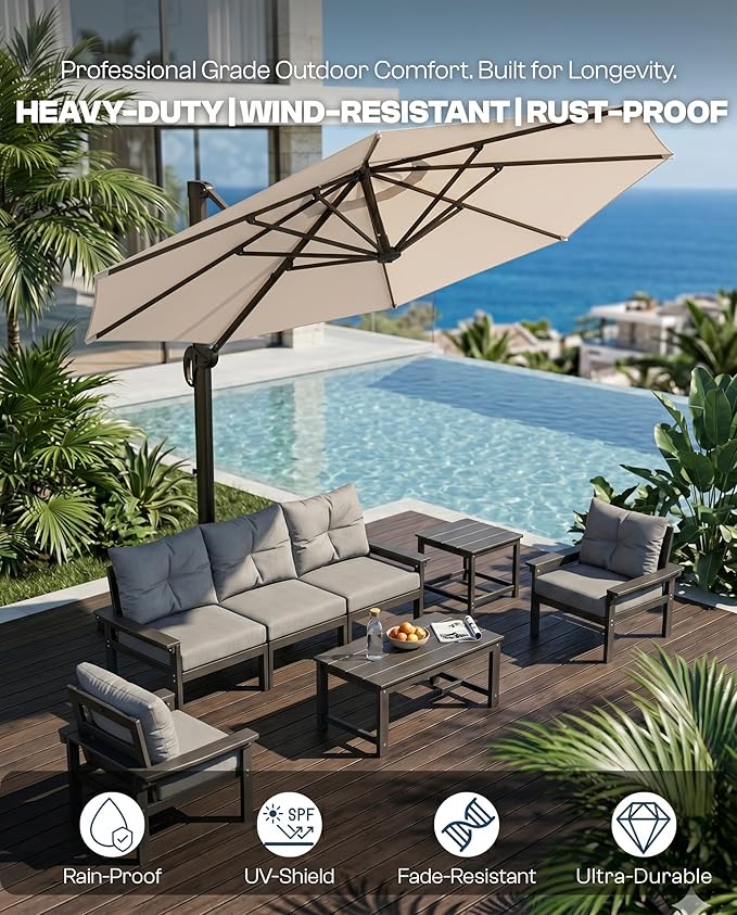 11 FT Round Cantilever Umbrella,Easy Tilt, Fade Resistant & 360° Rotation, Offset for Pool Deck Backyard Patiobeige (Base not Included)