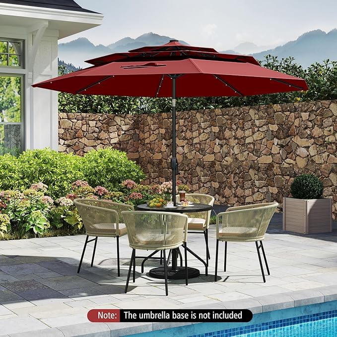 Tangkula 10 FT Solar LED Patio Umbrella, 3-Tier Vented Outdoor Market Table Umbrella with 32 LED Lights, Tilt Adjustment, Crank Handle, 8 Ribs for Backyard Pool Deck (Wine)