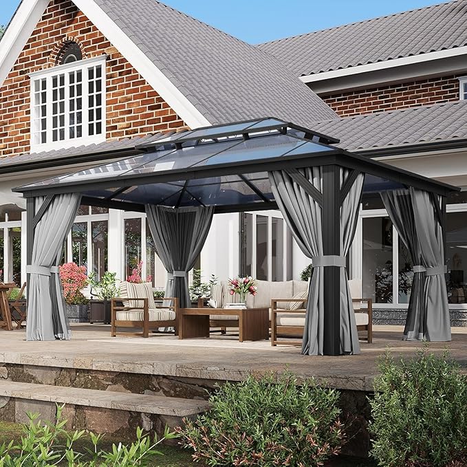 Aoxun 12'x16' Hardtop Gazebo, Aluminum Frame Permanent Pavilion with Curtains and Netting, Outdoor Polycarbonate Double Roof Canopy
