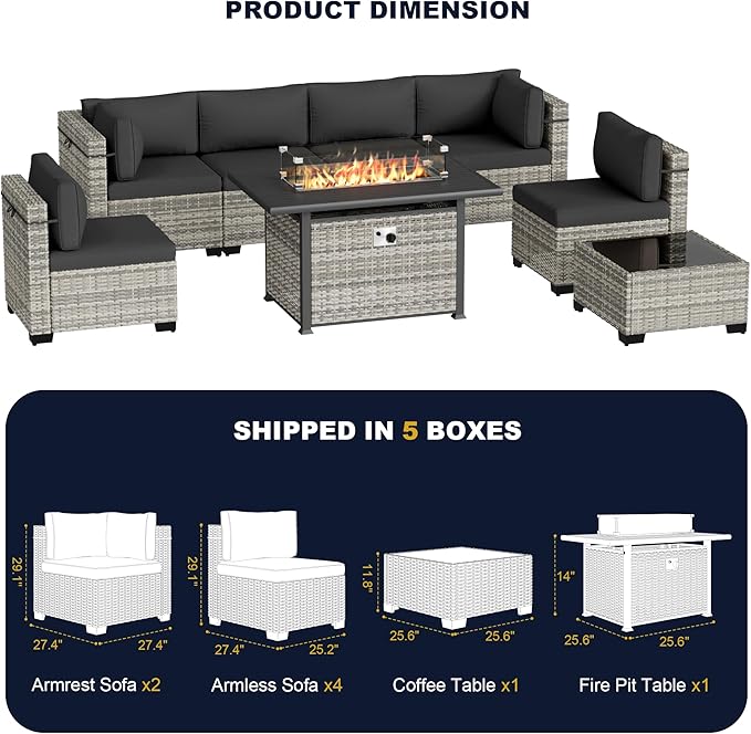 8-Piece Outdoor Patio Furniture Set with 55,000 BTU Fire Pit Table, PE Wicker Rattan Sectional Sofa Conversation Set - All-Weather Garden, Backyard Furniture, Dark Grey