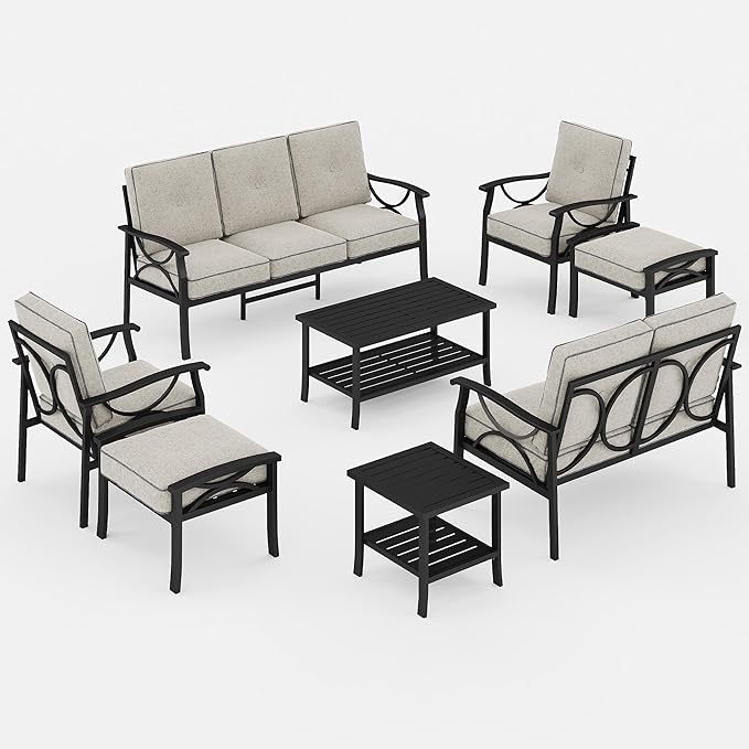 RoyalCraft 8-Pieces Outdoor Patio Furniture Set, Outdoor Metal Sectional Furniture with Cushions, Outdoor Conversation Seating Set with Coffee Table for Balcony, Backyard, Garden, Deck, Black