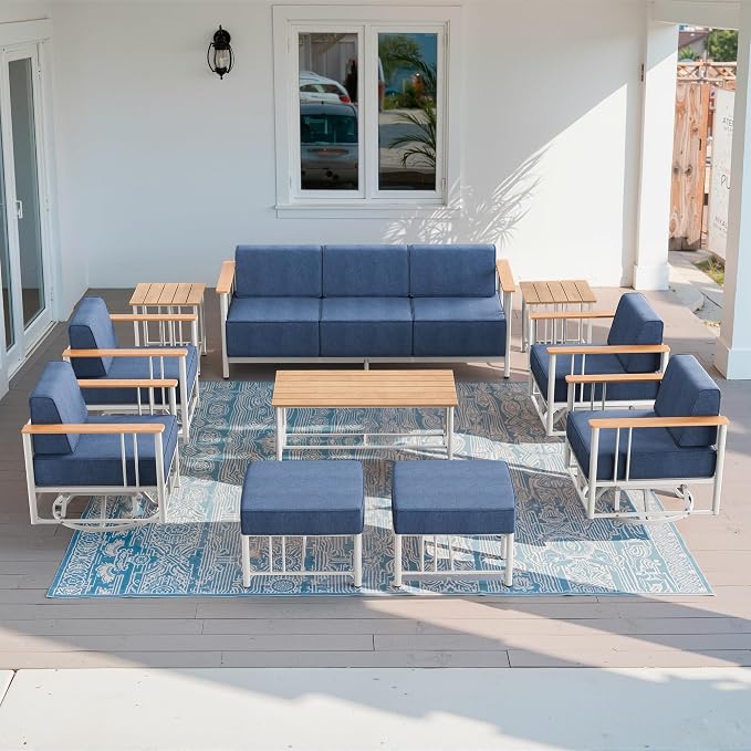 Luxury Outdoor Furniture Set with Swivel Chairs, 10 PCS Patio Furniture Set with 6" Extra Thick Cushions, Suitable for Porch, Balcony, Deck, Patio, Yard, Poolside, White/Blue
