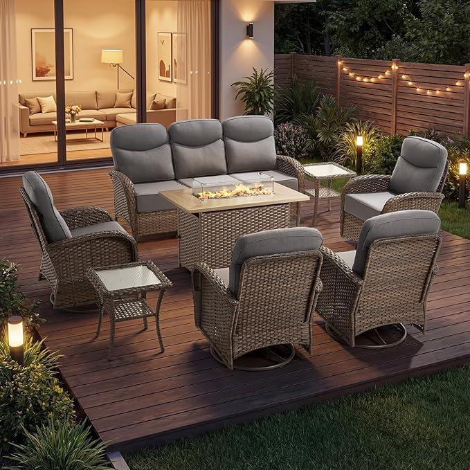 High Back Luxury Patio Furniture Set with 41"Fire Pit Table, 6-Inch Cushion Swivel Rocker Patio Chairs Set of 4 with Outdoor Couch, 8 Piece Wicker Conversation Set for Deck Yard Garden Balcony