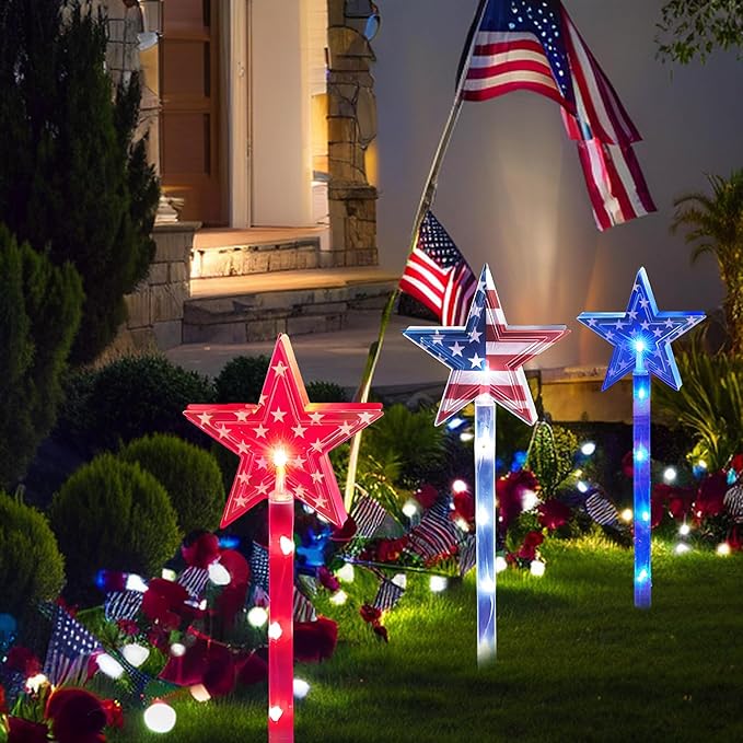 4th of July Decorations Outdoor Red White and Blue Pathway Lights, 6 Pack Flag Star Stake Lights for Independence Day Memorial Day Patriotic American Flag Decor Outside Landscape Garden Yard Lawn