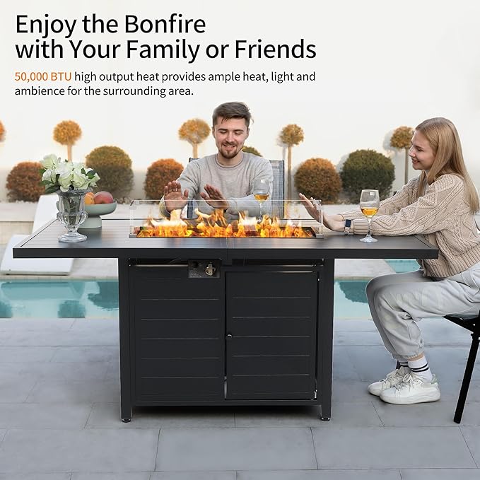 PIZZELLO 7 Pieces Patio Furniture Set w/ 60" Gas Fire Pit Table and 6 Patio Dining Chairs, Outdoor Conversation Set 50,000 BTU Aluminum Propane Fire Pit Stackable Patio Chairs Set of 6 for Backyard