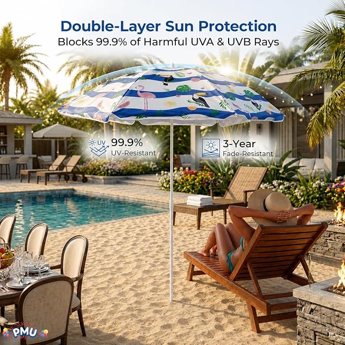 PMU 24 Pcs 6ft Tropical Beach Umbrella – Blue & White Stripes with Flamingo, Toucan & Leaf Print, 72in Open, 160G Polyester, Large Outdoor Patio Pool Parasol Umbrella for Garden, Deck, Backyard & Pool