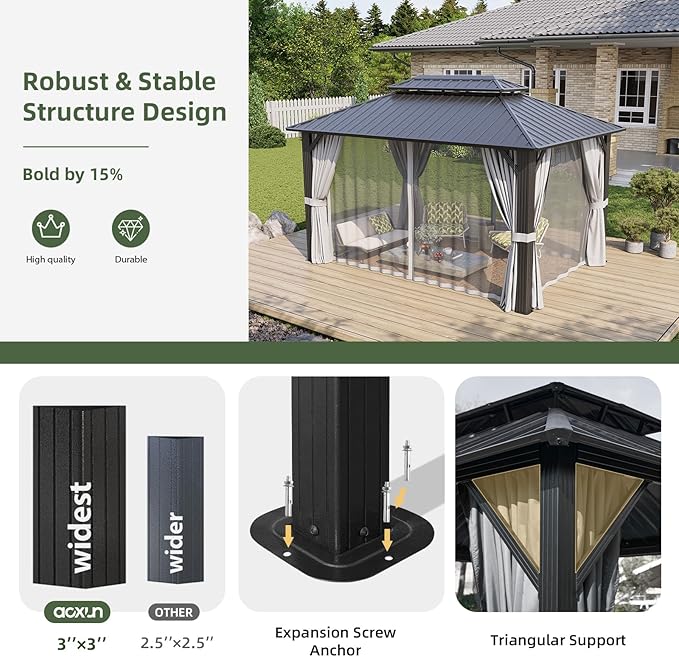 Aoxun 10’x14’ Hardtop Gazebo, Permanent Metal Pavilion with Galvanized Steel Double Roof, Outdoor Pergola with Nettings and Curtains for Lawn, Garden, Patio (Gray)