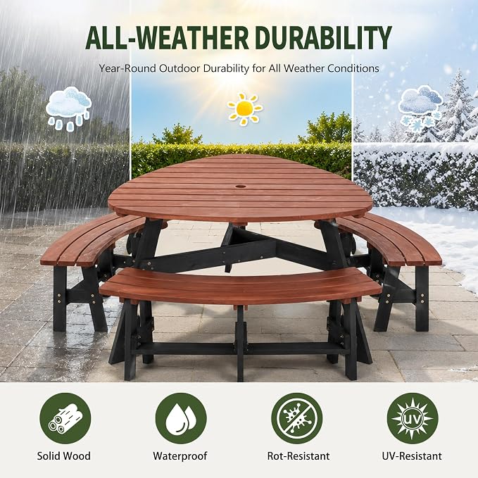 6-Person Outdoor Clover Triangle Wooden Picnic Table with 3 Build-In Benches,500 LBS Capacity Camping Dining Table with Umbrella Hole,Weather Resistance and Rot-Resistant Outside Table Set for Patio