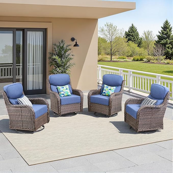 Luxury Outdoor Swivel Rocker Patio Chairs-4 Pieces High Back Swivel Rocker Patio Chairs with Thick Cushions All Weather Wicker Outdoor Furniture Set for Deck Porch Balcony(Brown/Blue)