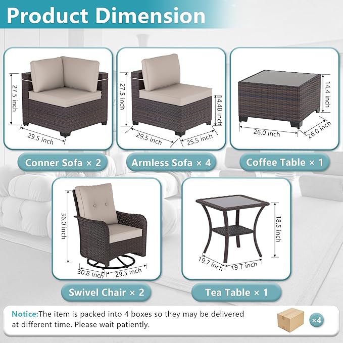 ALAULM 10 Pieces Patio Furniture Set with 2 Swivel Chairs Wicker Patio Conversation Set, Outdoor Sectional Furniture w/Coffee Table & Washable Seat Cushions-Sand