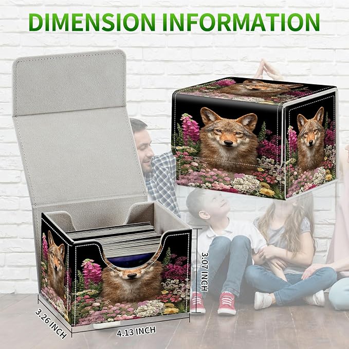 Card Deck Box for MTG, Cards Storage Box Fits 120+ Sleeved, Leather Small Size Strong Magnetic Closing Card Case for Board Games Magic TCG CCG Baseball Collection, Flower Wolf