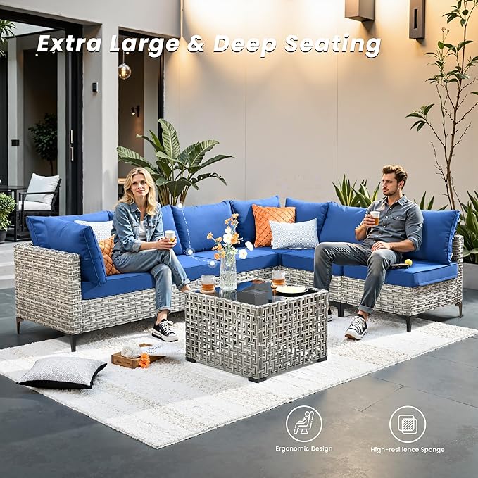 Outdoor Patio Furniture Sets,7 PCS Patio Conversation Set Outside Rattan Sectional Sofa with Coffee Table Fit Backyard Porch Garden Poolside Balcony