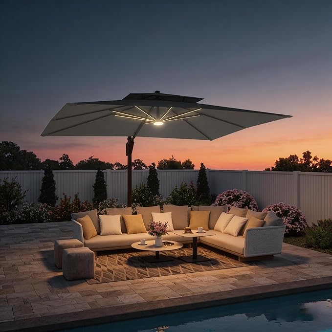 9 X 12 FT Cantilever Outdoor Patio Umbrella with Base Included Large Heavy Duty 360° Rotation Double Top Offset Rectangular Umbrellas with LED Lights for Backyard Outside Deck, Grey