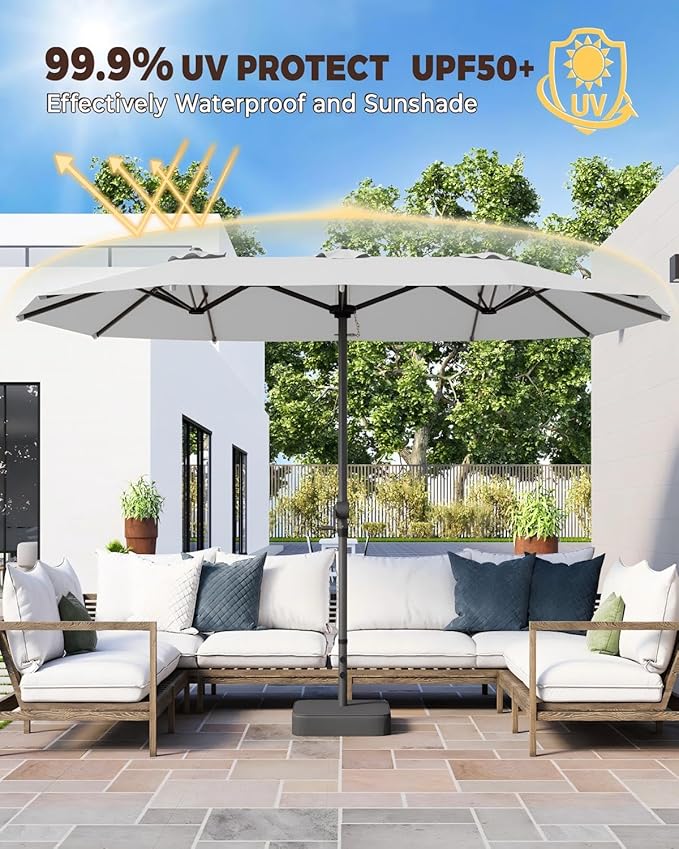 GDPFN 15FT Large Patio Umbrella with Base Included, Outdoor Deck Standing Umbrella with Crank Handle, Double-Side Rectangular Pool Umbrella for Outside, Market, Patio, Light Gray