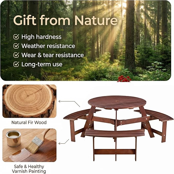 6 Person Wood Picnic Table, Outdoor Round Dining Table with 3 Built-in Benches, Umbrella Hole, Outside Patio Backyard Table and Bench Set, 500lbs Capacity Per Bench(Brown)