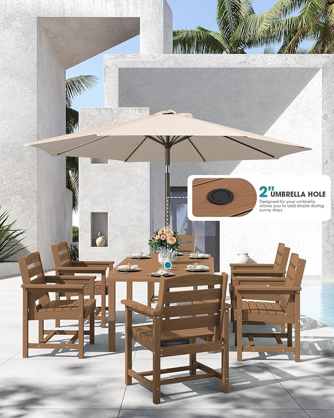 SERWALL 60" - 83" Expandable Outdoor Dining Table and 6 HDPE Chairs, Brown | Outdoor Dining Set for 6, All Weather Aluminum and HDPE Outdoor Furniture Set, Extendable Patio Dining Table