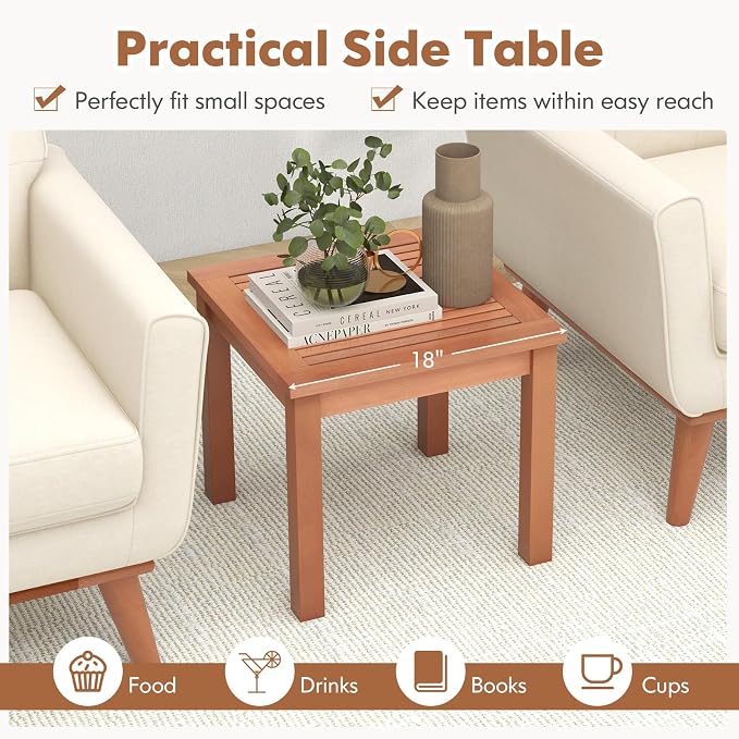 Tangkula Adirondack Outdoor Side Table, 18" Small Square Patio End Table with Slatted Tabletop, Natural Eucalyptus Wood Side Table for Backyard, Garden, Porch & Poolside (18” x 18”)