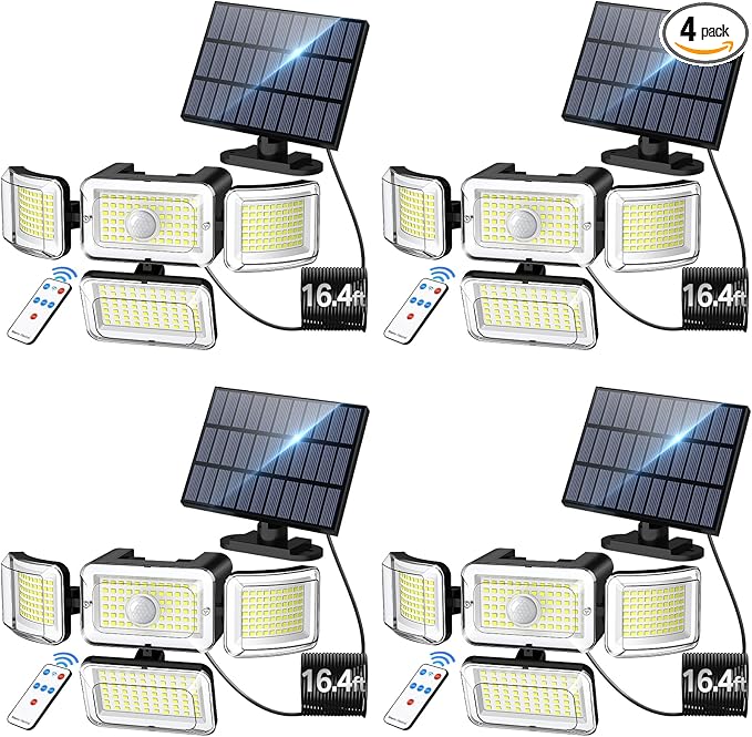 CLAONER Solar Outdoor Lights Motion Sensor 3500LM 288 LED Solar Security Lights with Remote Control IP67 Waterproof 4 Heads Flood Lights with 16.4ft Cable 4 Modes Wall Lights(4 Pack)