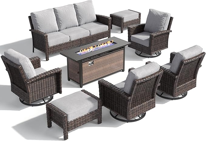 Patio Furniture Set with Swivel Chairs, High Back Wicker Rattan Set with 5.5" Thick Cushions, Fire Pit Table and Ottomans, All Weather Outdoor Conversation Set for Backyard Deck,9 Seats, Light Grey