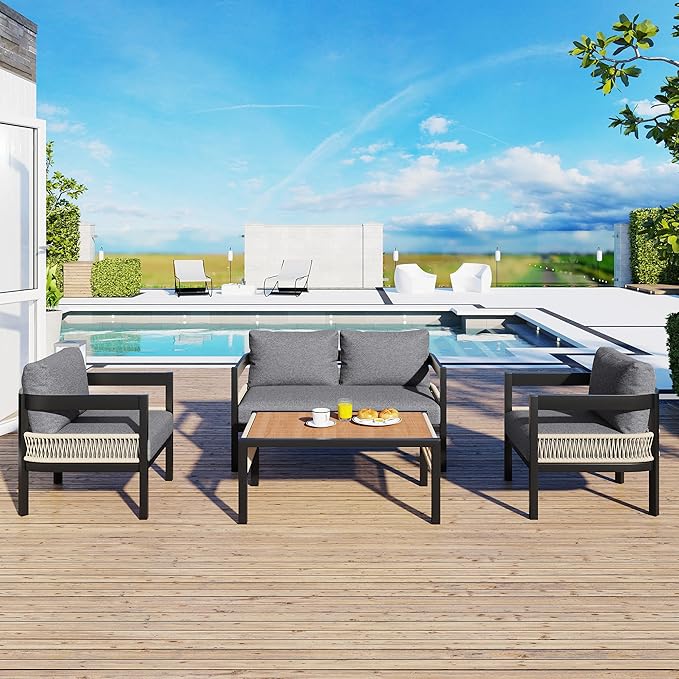 4-Pieces Outdoor Patio Sofa Set with Coffee Table, All-Weather Conversation Set with Thick Cushions and Pillows for Garden Backyard Balcony, Iron Frame&Wood Tabletop (Grey-3.17)