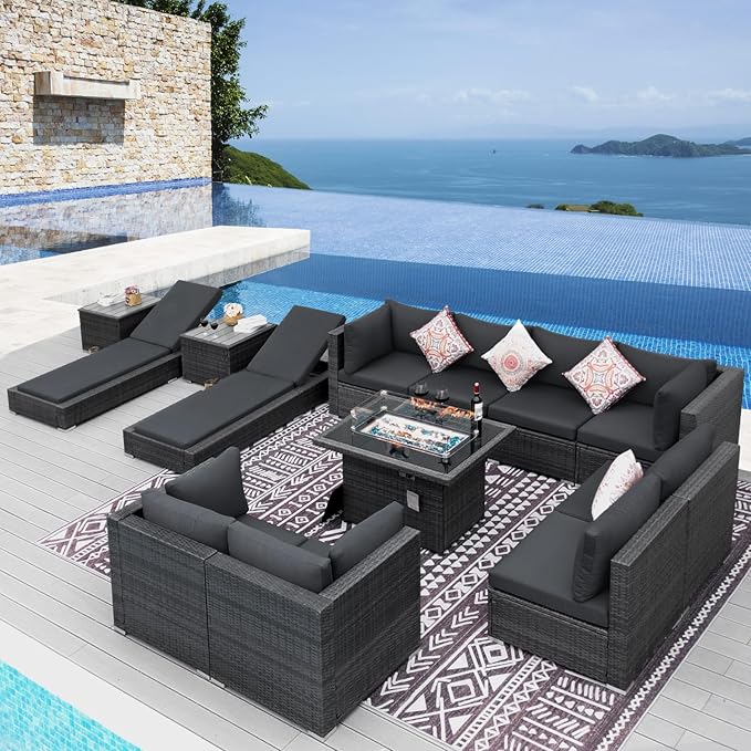 NICESOUL 13 Piece Outside Patio Set with Fire Pit Table, UV Resistant All Weather Grey Wicker Outdoor Furniture with Lounge Chair, Large Modular Outdoor Sofa with Chaise Heavyweight for Deck, Pool