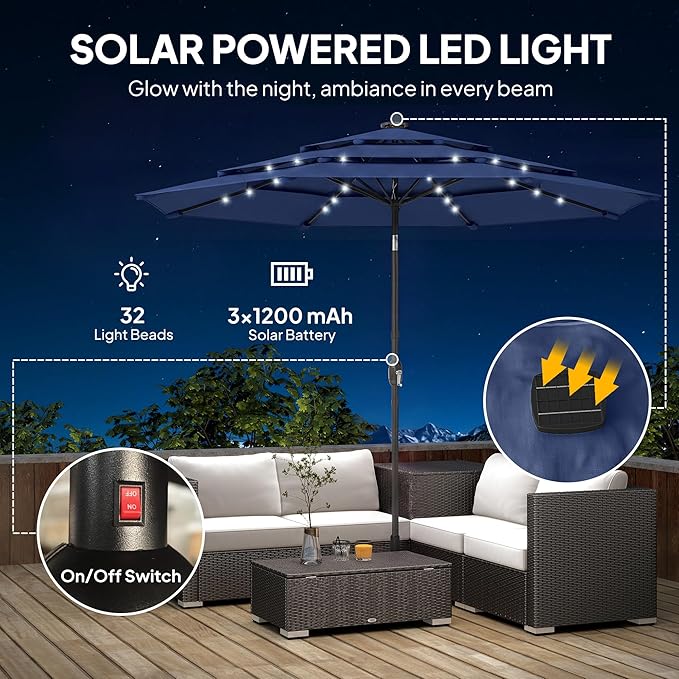 Outsunny 9.7 ft Outdoor Patio Umbrella with 32 Solar LED Lights, 3 Tier Outdoor Table Market Umbrella with Tilt and Crank, 8 Ribs for Garden, Deck, Yard, Poolside