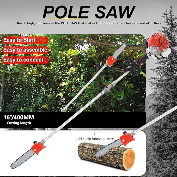 Weed Eater Gas Powered 52cc - 2 Cycle, 5 in 1 Grass Trimmer, Gas Hedge Trimmer, String Trimmer, Brush Cutter, Chainsaw with Extension Pole, Multi Functional Tools for Easy Lawn, Yard & Garden