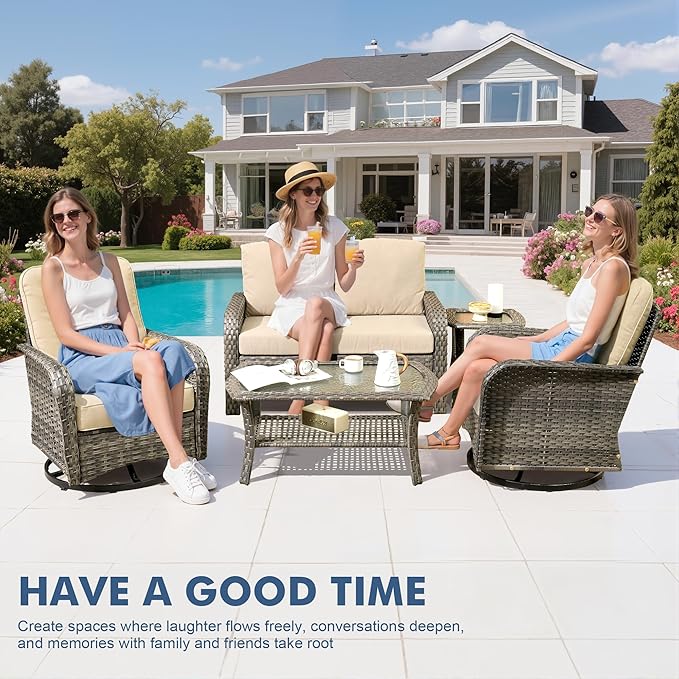 5 Pieces Wicker Patio Furniture Set, High Back Swivel Rocker Chairs Outdoor Loveseat Sofa and Rattan Coffee Table, Outdoor Conversation Sets for Porch Deck Backyard Poolside, Beige