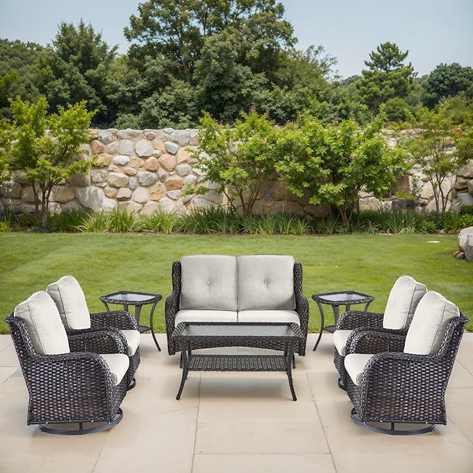 Patio Loveseat Glider Set, Resin Wicker Loveseat Glider with 4 Swivel Patio Chiars Coffee Table 2 Side Table, 8 Piece Patio Conversation Loveseat Set, Brown Wicker|Beige Cushions