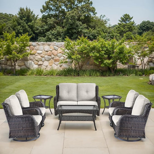 Patio Loveseat Glider Set, Resin Wicker Loveseat Glider with 4 Swivel Patio Chiars Coffee Table 2 Side Table, 8 Piece Patio Conversation Loveseat Set, Brown Wicker|Beige Cushions