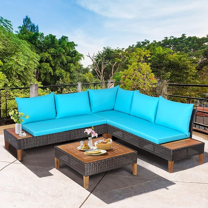 Tangkula 4 Pieces Acacia Wood Patio Conversation Set, Patiojoy Outdoor PE Rattan Sectional Sofa Set with Coffee Table, Corner Sofa & 2 Loveseats, for Backyard Garden Poolside