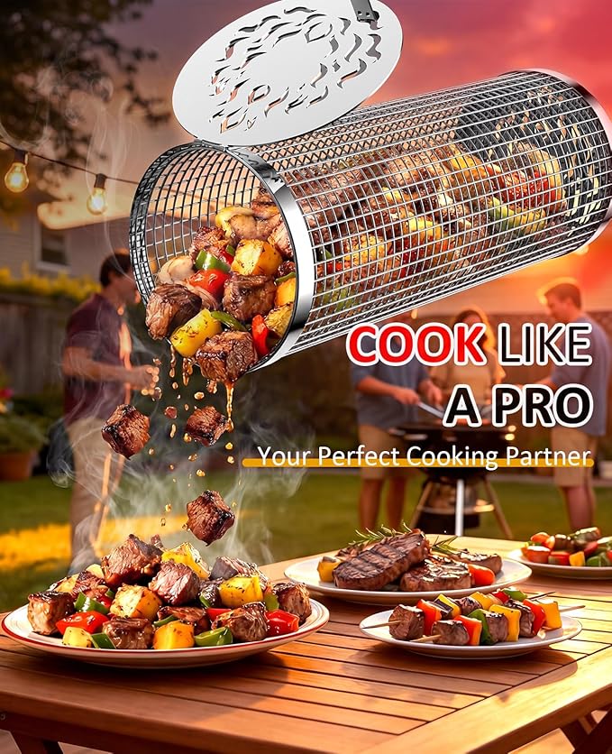 Rolling Grill Basket, Fathers Day Gifts for Dad Husband, Removable Wooden Handle, 304 Stainless Steel, Nesting BBQ Tools for Vegetable, Outdoor Smoker Camping Accessories, Grill Gift for Men Birthday
