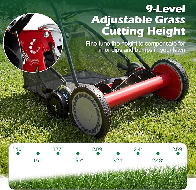 Push Reel Lawn Mower, Cordless 18" Manganese Steel Manual Grass Cutter with 5-Blade, Removable Grass Catcher, 9 Cutting Heights, Walk-Behind Lawn Mower for Garden Farm Yard (Red)