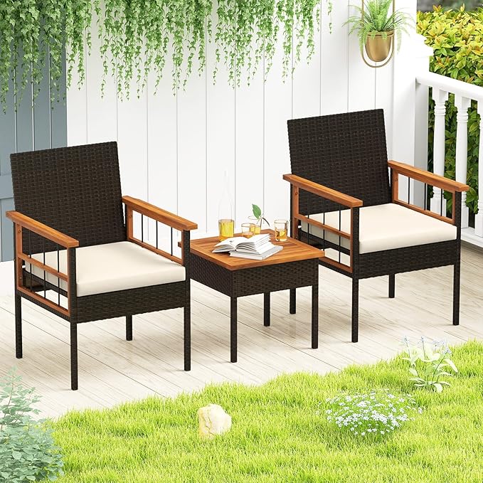 Tangkula 3 Piece Outdoor Wicker Conversation Furniture Set, Patio Rattan Cushioned Chair & Side Table Set with Acacia Wood Tabletop & Armrests, for Backyard, Porch, Balcony
