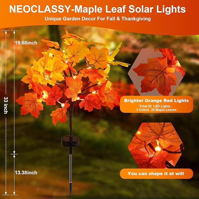 2Pack Fall Solar Lights Outdoor Decorative, Waterproof 40Led Orange Fall Lights with 80 Maple Leaves Path Lights, Solar Lights for Fall Autumn Patio Garden Halloween Thanksgiving Decorations