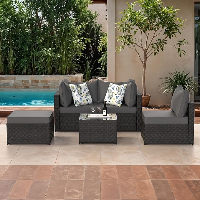 GOJOOASIS Patio Furniture Set Outdoor Sectional Sofa with Ottoman Wicker Couch Rattan Modular Seating Conversation Sets Porch Decor for Backyard, Balcony, Garden (Grey)
