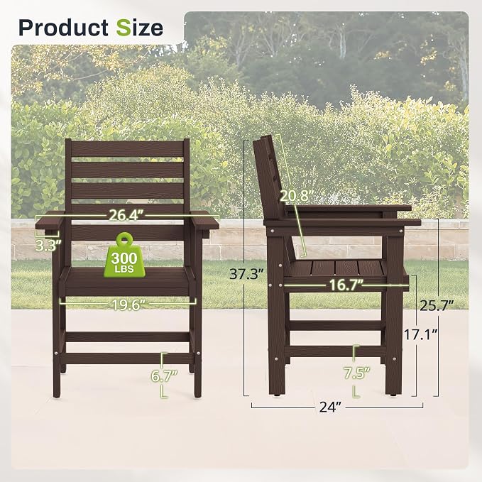 Outdoor Dining Chairs Set of 2, All Weather HDPS Patio Dining Chairs, Heavy Duty Outdoor Chair with Armrest for Backyard Deck Porch, Coffee Brown