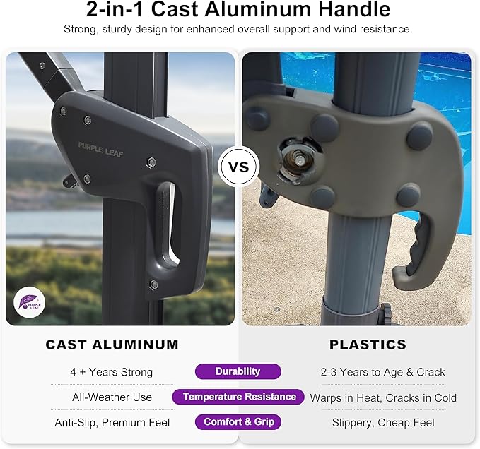 PURPLE LEAF Patio Umbrella 10' X 13' Rectangle Umbrella with Central Lights and Base Large Aluminum Outdoor Umbrellas with 360-degree Rotation & UPF40+ Fabric for Deck Pool Garden Yard, Ash Mocha