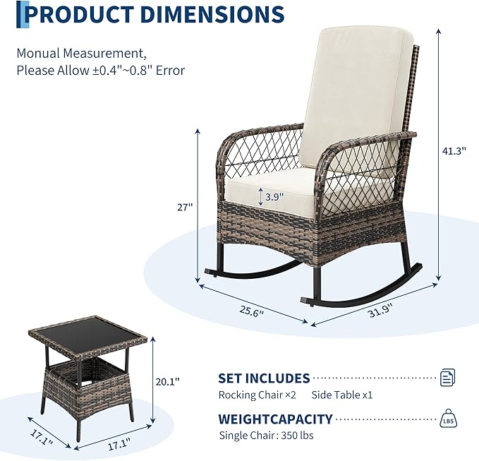 3 pcs Outdoor Rocking Bistro Set, Wicker Rocking Bistro Set with Thick Cushions, Outdoor Rocker Chairs and Coffee Table for Porch, Backyard or Garden (Brown&Beige)