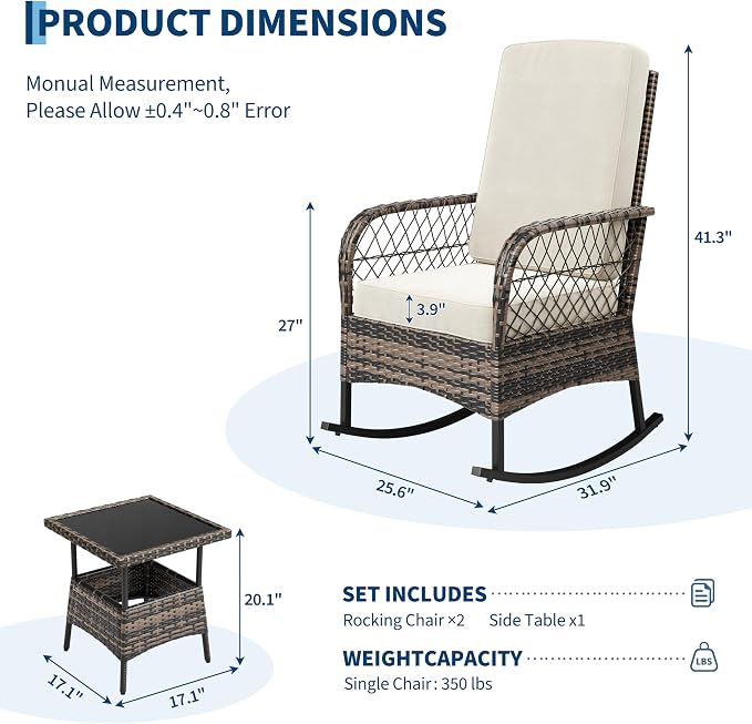 GarveeHome 3-Piece Outdoor Rocking Chair Set, Wicker Rattan Patio Furniture with Glass-Top Coffee Table, Modern Conversation Seating with Cushions for Porch, Backyard (Brown Rattan & Beige Cushion)