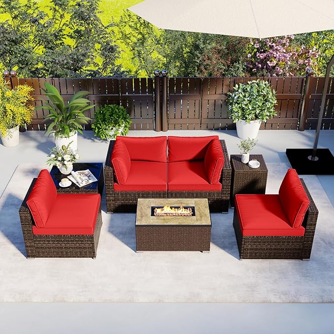 Tangkula 7 Pieces Outdoor Sectional Sofa Set Set with 32” Fire Pit Table and Propane Tank Cover, for Deck, Garden and Backyard, Fire Pit Protective Cover Included (Red)