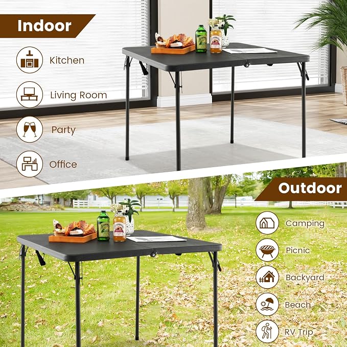 Tangkula 34" Folding Table, Portable Picnic Table with All-Weather HDPE Tabletop, Heavy-Duty Metal Frame, Carry Handle, Fold-in-Half Plastic Outdoor Table for Camping, Dining, BBQ, No Assembly Needed
