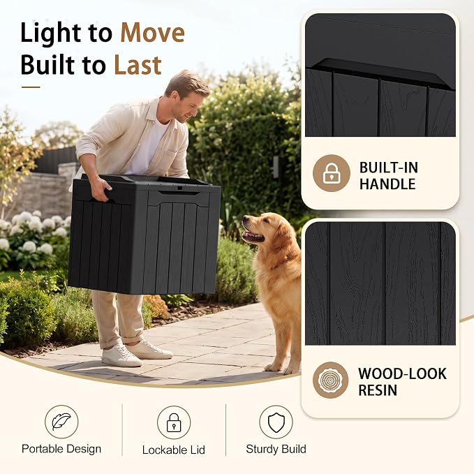 JUMMICO 31 Gallon Resin Deck Box Waterproof Indoor Outdoor Storage Boxes for Patio Furniture Cushions and Garden Tools (Black)