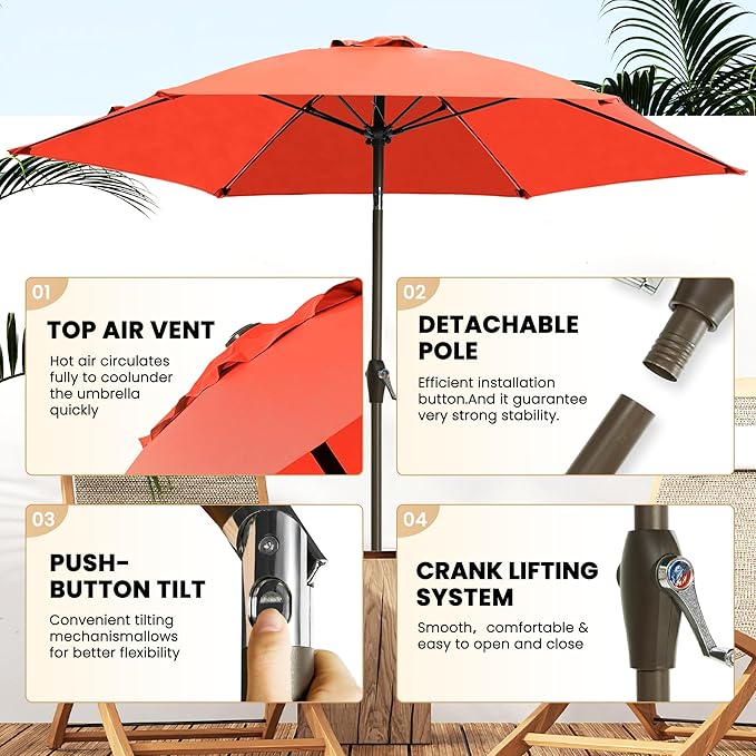 Ayge 7.5FT Large Outdoor Patio Umbrella Market Table Umbrella-UV Resistant, Easy Push Button Tilt and Crank, 6 Sturdy Fiberglass Ribs Heavy-Duty Pool Umbrella for Deck, Backyard,Garden, Yard,Orange