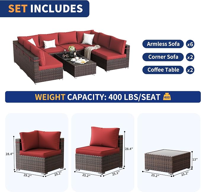 Patio Furniture Set, Modular 10-Piece Patio Conversation Sets with Coffee Table, All-Weather Wicker Outdoor Sectional for Backyard and Balcony, Wine (Waterproof Covers Included)