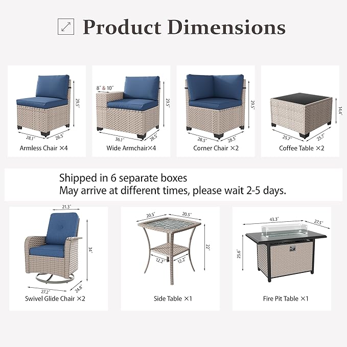 16 Pieces Patio Furniture Set with Fire Pit Table, Outdoor Sectional Wicker Sofa with Thick Cushions, High Back Swivel Rocker Patio Chairs, Rattan Conversation Set with Coffee Table, Navy
