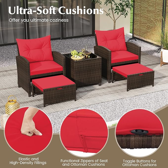 Tangkula 5 Pieces Patio Conversation Set, PE Wicker Rattan Outdoor Furniture Set with 2 Chairs, 2 Ottomans & Tempered Glass Coffee Table, Ideal for Poolside, Backyard, Lawn, Deck, Mix Brown & Red