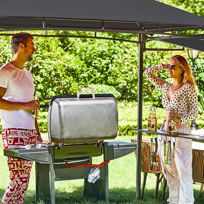 FAB BASED 5x8 Grill Gazebo with Extra Awning, All-Weather Steel Construction, Double Tiered & Resistant Canopy Roof, Metal Serving Shelves, 2 LED, Bottle Opener for Patio, Backyard, BBQ (Dark Gray)